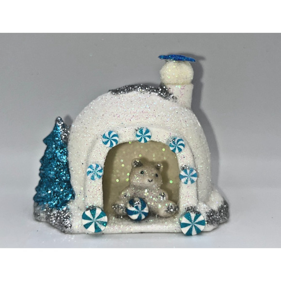 Unbranded Other - Vintage Miniature Igloo Diorama Pastel Blue Candy Cane Polar Bear Blue Tree OOAK
